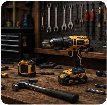 Power tools on a workbench