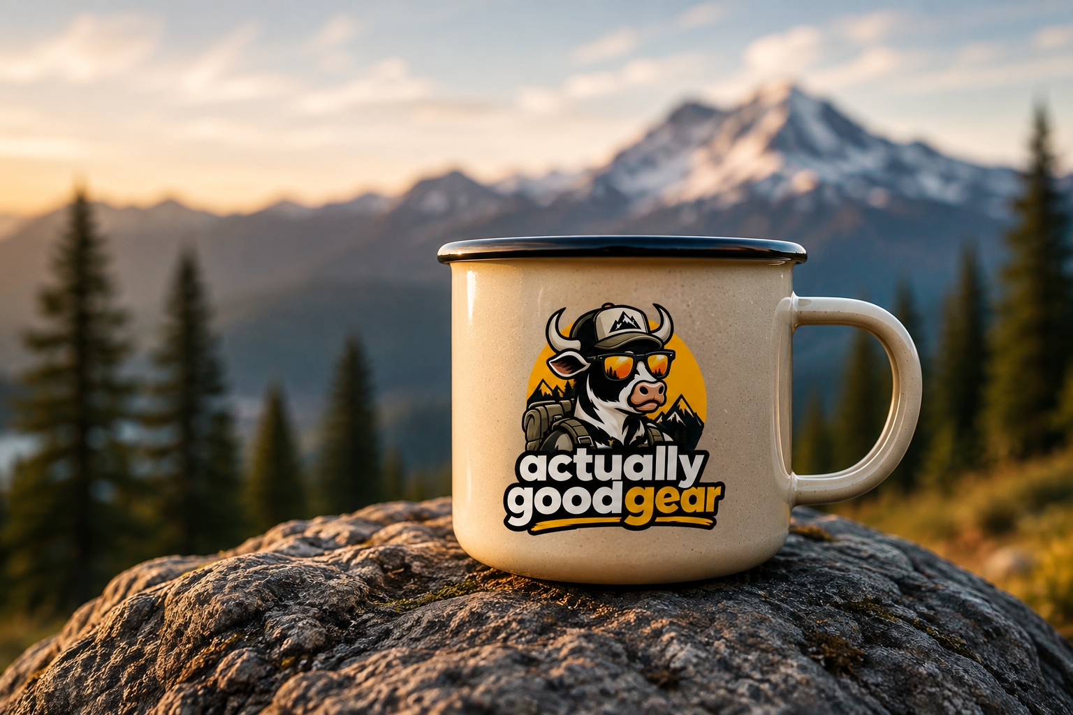 Camp mug overlooking a mountain landscape